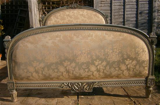 An early 20th century French painted upholstered double bed frame (King size) W.160cm